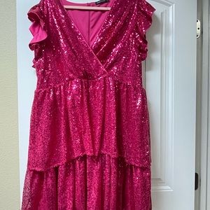 Double Crazy Plus SurpliceNeck Butterfly Sleeve LayerHem Sequin Dress